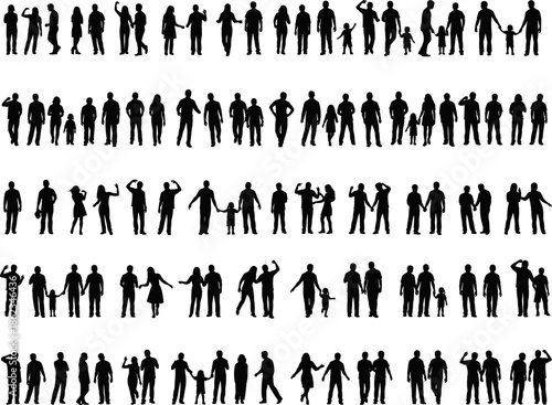 Collection of professional businessman silhouettes wearing suits and shirts, featuring various standing poses, gestures, and hands in pockets, isolated vector line art set.