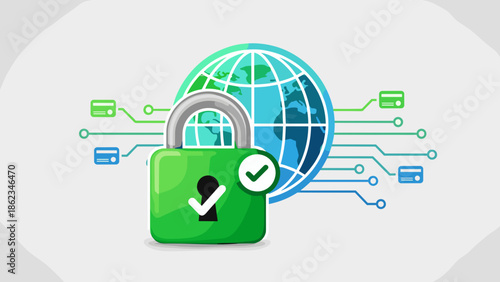 Secure Global Network A Green Padlock Protecting Worldwide Data Transmission.