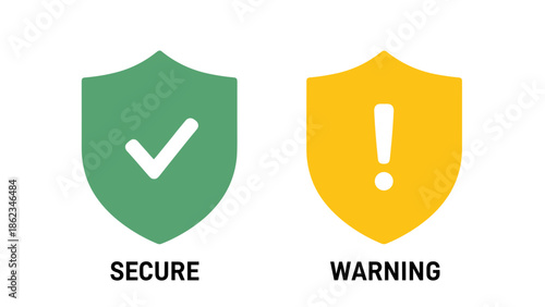 Security Status Icons Secure and Warning Shields with Checkmark and Exclamation Point.
