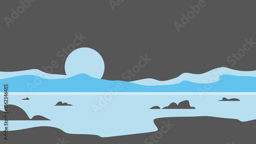 Serene Coastal Landscape with Moon and Rocky Shoreline.