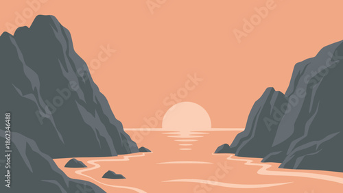 Serene Coastal Sunset Between Rocky Cliffs Illustration.