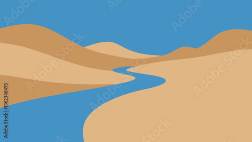 Serene Desert Landscape with Winding River Illustration.