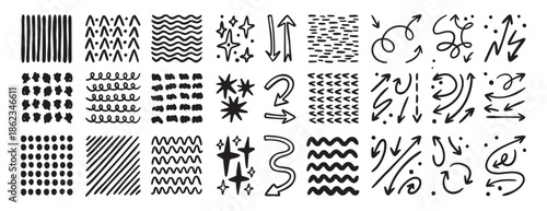 Monochrome doodle sketch arrows and pointers set. Hand drawn lines, curves, dots and spirals, outline and line art textures. set, line art, outline, doodle hand drawn, for.