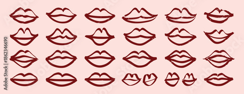 Woman Lips doodle hand drawn element set. lips Crayon chalk drawing textured brush set