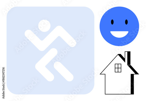 Fitness, emotions, home life, happiness, symbols, graphic design. White abstract running figure, blue happy face and black house outline. Fitness and emotions related graphic conceptualization