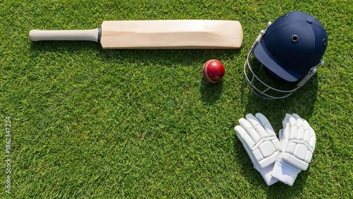 cricket equipment flat lay with bat ball helmet and gloves on grass, cricket gear arranged on green field in clean top view, cricket bat ball and protective gear, outdoor cricket equipment set arrange