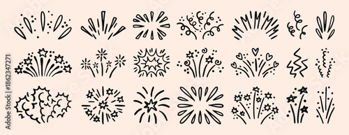 Festive firework explosion set isolated on white background. Vector illustration of hand drawn confetti burst effect, party firecracker sparks, abstract spiral doodles, lines with.