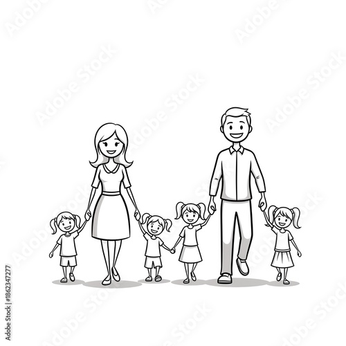 Happy Family Walking Together Holding Hands With Their Children.