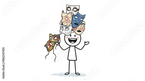 Happy Stick Figure Character Holding and Balancing Many Theatrical Masks Vector Illustration