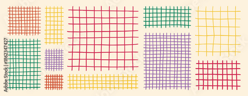 Pastel grid notebook paper set. Crayon drawn checkered patterns. Hand sketched plaid backgrounds for design