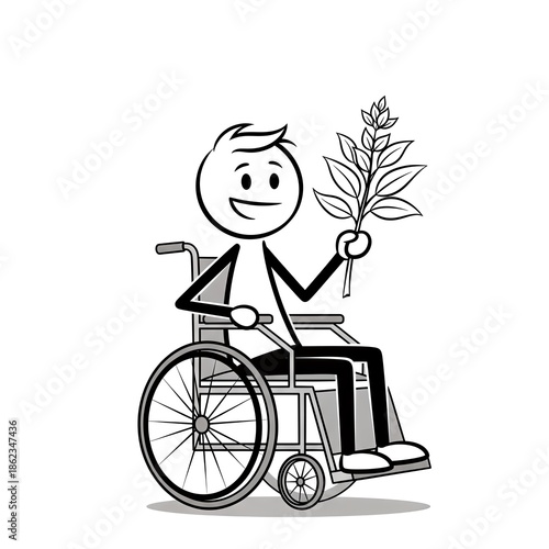 Happy Stick Figure Person in Wheelchair Holding a Plant Branch.