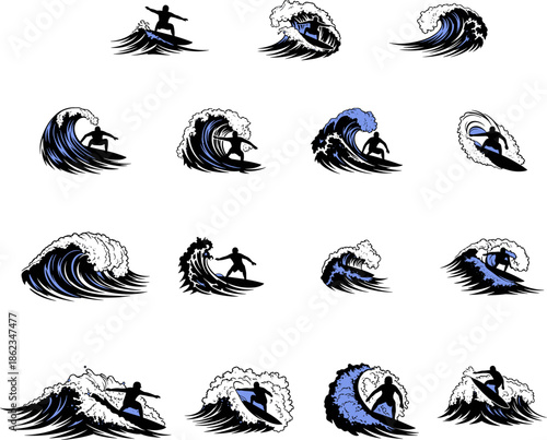 Set of hand drawn surfing illustrations featuring surfers riding blue ocean waves with foam, isolated vector icons for tropical summer and beach sports design.