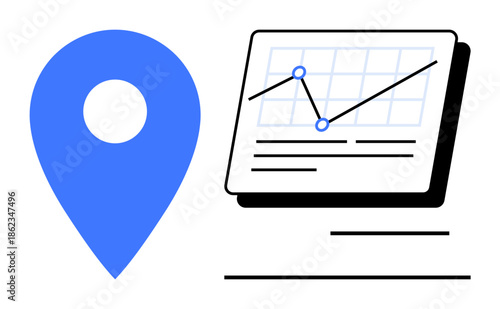 Blue location pin alongside a line graph with data points, representing tracking, analytics, and visualization. Ideal for data strategy, growth analysis, geolocation, reports, technology mapping
