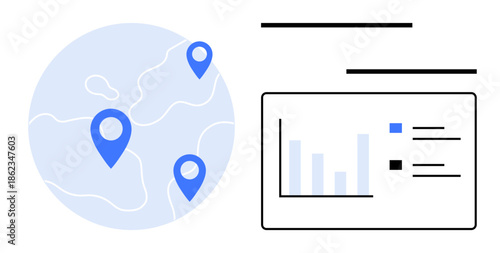 Globe with location pins linked to a dashboard featuring charts, graph bars, and text elements. Ideal for data analysis, logistics, global business, technology, geography, analytics education