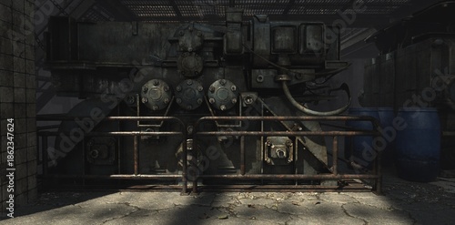 Detailed industrial 3D illustration of heavy rusty machinery behind safety railings. Features weathered metal gears, blue barrels, and cracked concrete in a dark abandoned factory setting.