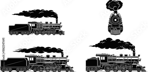 Set of vintage steam locomotive train illustrations, black and white antique railway engine silhouettes with smoke, classic transportation vector graphics for retro design.