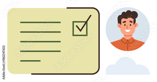 Profile image next to a checklist marked with a completed task. Ideal for productivity, organization, task management, user profile, accountability, planning, teamwork. Simple flat metaphor