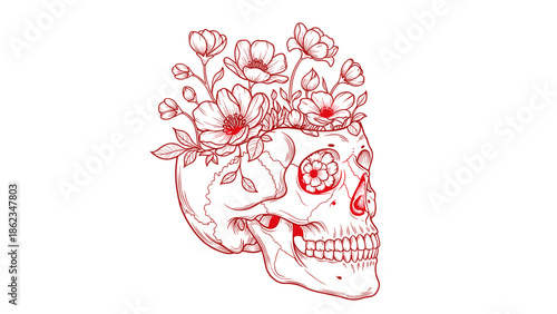 Skull adorned with flowers a delicate balance of life and death.