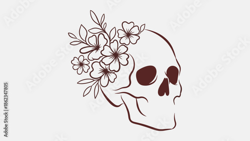 Skull adorned with delicate flowers a symbol of life and death.