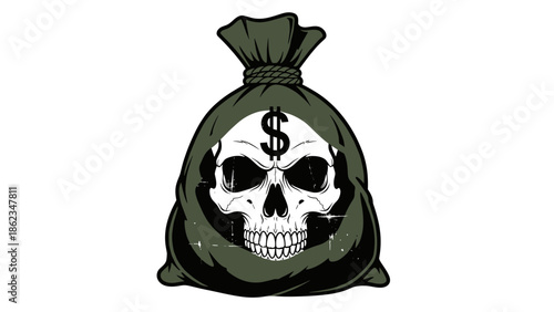 Skull and Dollar Sign on Money Bag A Symbol of Financial Risk.