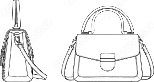 Technical fashion flat sketch of a white women's handbag with a top handle and shoulder strap, featuring front and side view views.