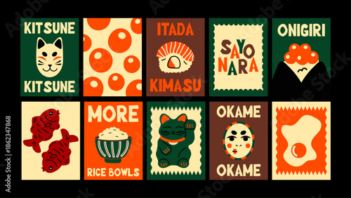 Minimalist Japanese posters with cartoon sushi, geisha, koi fish, sakura and ramen. Modern Asian wall decor and trendy banners.