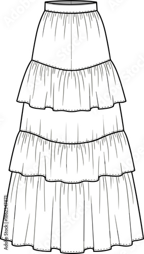 Technical fashion flat sketch of a women tiered maxi skirt with ruffles, isolated vector line art illustration for apparel design and clothing manufacturing.