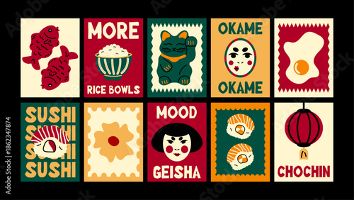 Modern Japanese wall art with cartoon traditional motifs. Sushi, koi fish, sakura and ramen in clean minimalist style.