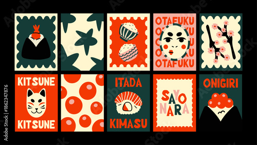 Trendy minimalist Asian posters with sushi, ramen bowls, koi carp, sakura flowers and cute geisha illustrations.