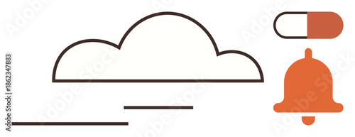 Cloud outline, notification bell, and split capsule emphasize online connectivity, health, and alert systems. Ideal for healthcare, reminders, apps, medicine IT notifications digital technology