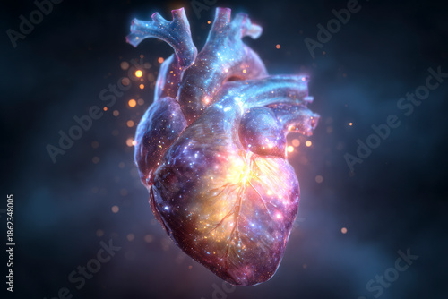 Human heart transforming into cosmic galaxy universe