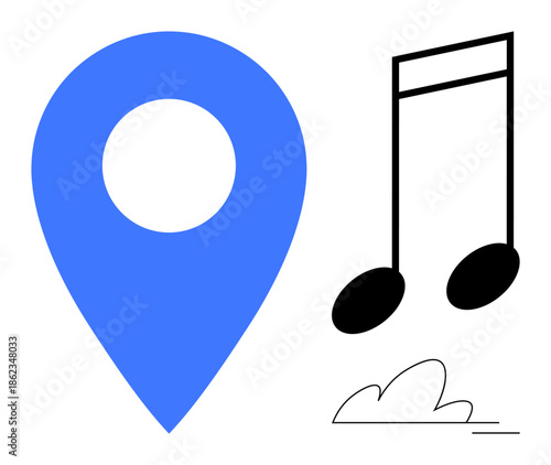 Geolocation, music, travel, exploration, navigation, entertainment. Blue location marker and black music note next to cloud. Geolocation and music exploration and audio connectivity