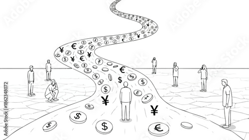 Monochrome Winding Road with Currency Symbols and Standing People Vector Illustration