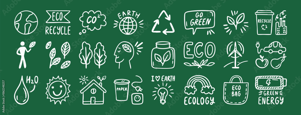 Obraz premium White eco icons on dark green set collection doodle hand drawn icon. Outline drawing ecology line clipart symbol.