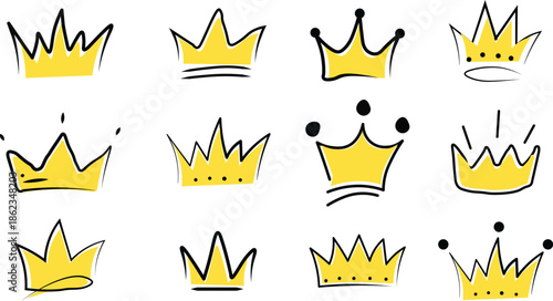 Golden crown and tiara doodle icons set hand drawn royal king and queen line art medieval luxury symbols vector
