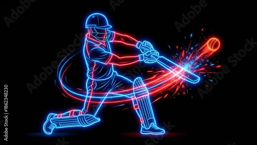 neon cricket batsman hitting glowing ball on dark background