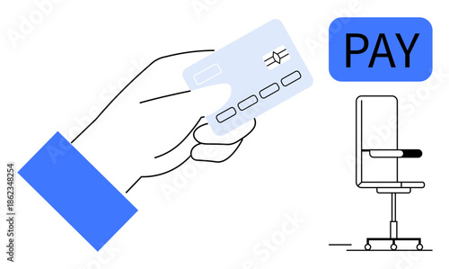 Online shopping, cashless payments, business transactions, e-commerce, office settings, financial technology. Hand holding a credit card near a Pay icon and an office chair. Online shopping
