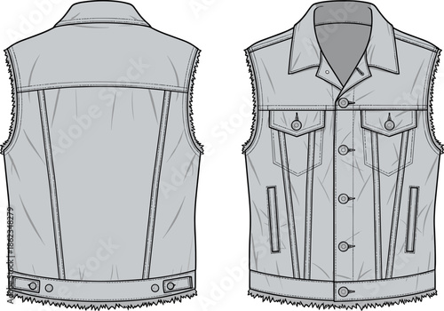 Technical sketch of denim vest with front and back view, sleeveless jean jacket fashion illustration with pockets and buttons, apparel design vector template.
