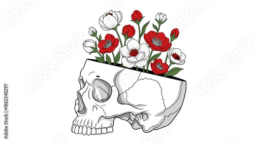 Skull with Blooming Flowers A Symbol of Life and Death.