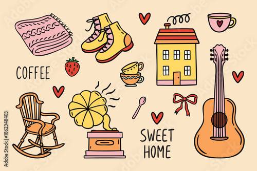 Sweet Home bathroom set with mirror, towel and soap, cozy hand drawn doodle style