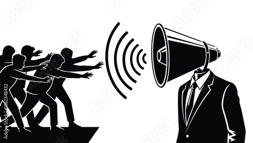 Megaphone Head Businessman Speaking to Crowd Vector Illustration