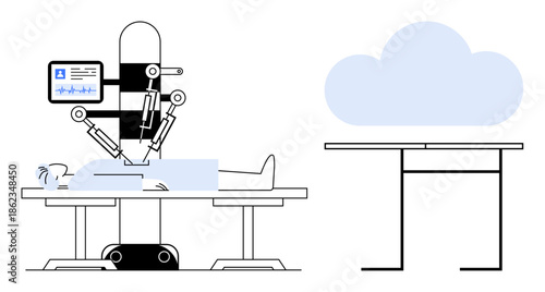 Robotic surgery, cloud computing, AI robotics, healthcare technology, data storage, medical advancements. Robot operating on patient with cloud icon. Robotic surgery and cloud computing concept