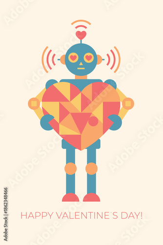 Robot love valentine card with geometric characters, vector isolated on light background