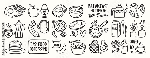 Breakfast doodle set of chalk style food and coffee icons for cafe menu, invitations, Italian brunch, cute croissant, cup, eggs, minimal vector