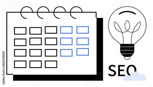 SEO planning, content scheduling, business strategy, online visibility, productivity, creative process. A calendar and a light bulb with SEO text. SEO planning and content scheduling concept