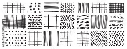 Hand drawn grids patterns set. Doodle pencil texture collection. Abstract line backgrounds for design