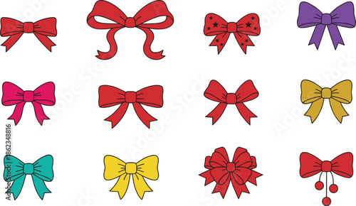 A collection of colorful and decorative bows in various shapes and sizes, perfect for gift wrapping, festive decorations, or adding charm to holiday or celebration designs.