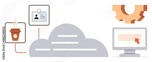 Coffee cup, ID badge, cloud icon, monitor with cursor, gear shape signify cloud technology, ID security, workflow automation, office productivity. Ideal for tech work cloud storage innovation