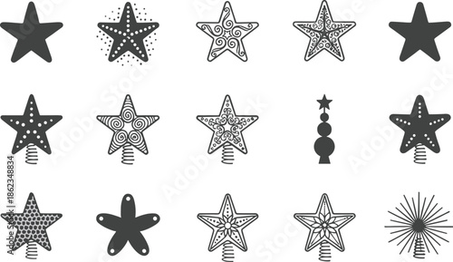 A collection of decorative star-shaped illustrations with various patterns, ideal for festive, holiday, and decorative design projects, perfect for Christmas or winter-themed