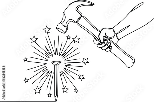 Hand with hammer hitting nail creating sparks and stars